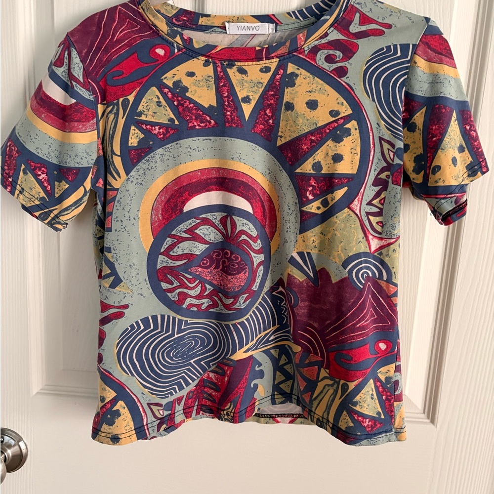 Multicolor Graphic Short Sleeve Top - Red, Blue, Gold